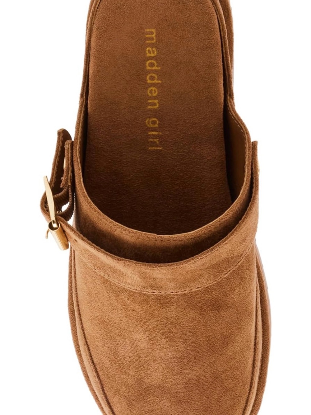 Madden Girl Women’s Tan Graham Mule Slides with Gold Buckle - Picture 6 of 7